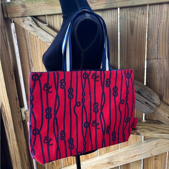 Estee Lauder Red & Navy Blue Canvas Nautical Tote Bag / Beach Bag - Picture 1 of 6